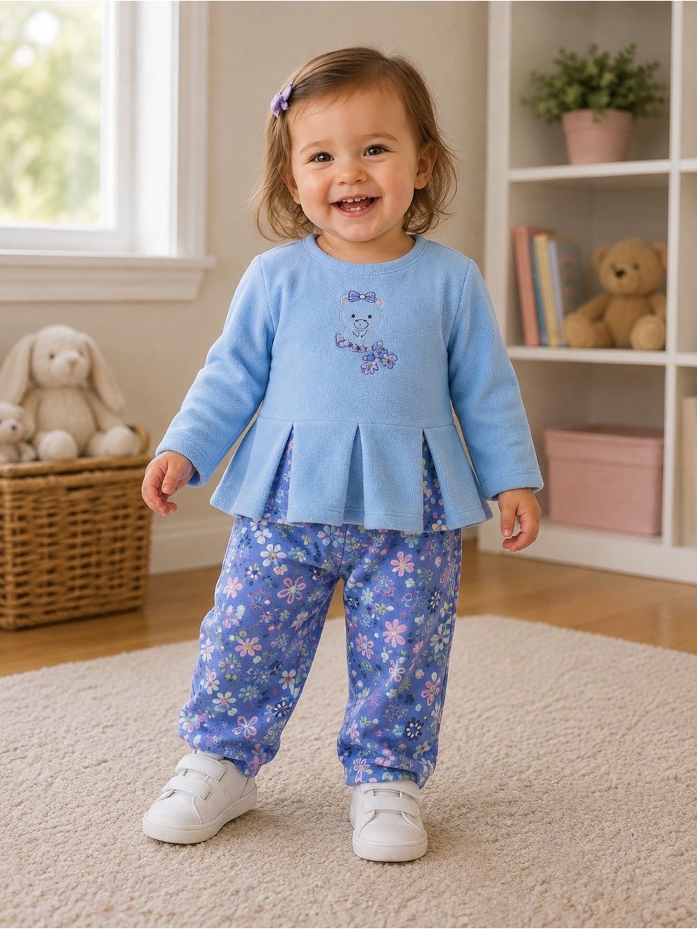 Vintage Y2K Okie Dokie bear Size 24M Cotton fleece top & floral pants set